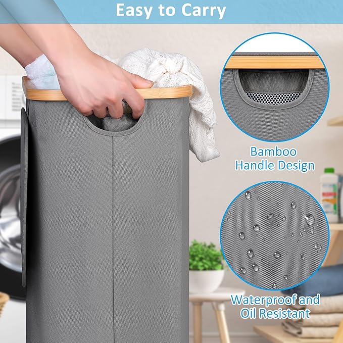 efluky Slim Laundry Basket with Wheels, Narrow Rolling Laundry Hamper with Lid and Removable Bag, Tall Aesthetic Dirty Clothes Hamper on Wheels for Laundry Room, Bedroom, Dorm and Bathroom, 75L Grey-NeatNest