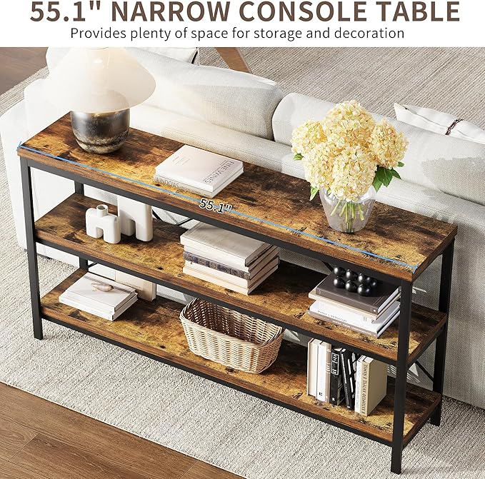 3-Tier Console Table, 55.1" Entryway Table with Metal Frame and Open Shelves, Modern Behind Couch Sofa Table for Living Room, Hallway, Foyer, Entrance, Industrial, Bookshelf, Rustic Brown-NeatNest