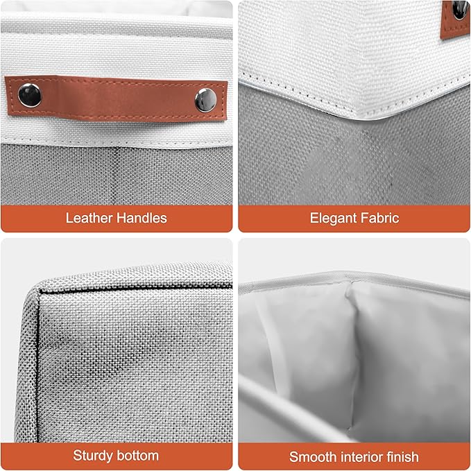 11in Open Fabric Storage Basket with Leather Handles for Organizing, Collapsible Linen Closet Bins for Shelves, Closets, Laundry, Decorative Basket for Gifts. (White＆Gray, 2PCS/11x11in)-NeatNest