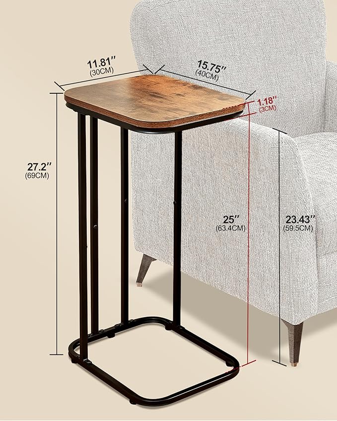 C Shaped End Table Set of 2, Small Side Table for Sofa and Bed, Couch Tables That Slide Under, Tall Tv Tray Table for Living Room, Bedroom, Rustic Brown & Black