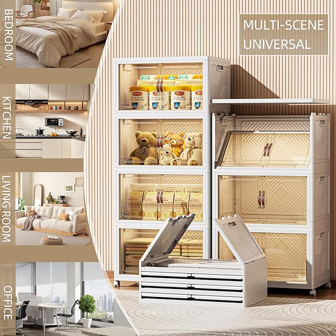 416 QT / 104 Gal Stackable Collapsible Storage Bins with Magnetic Doors & Wheels - Space-Saving Plastic Organizer Cabinet for Closet, Office, Home (White)-NeatNest