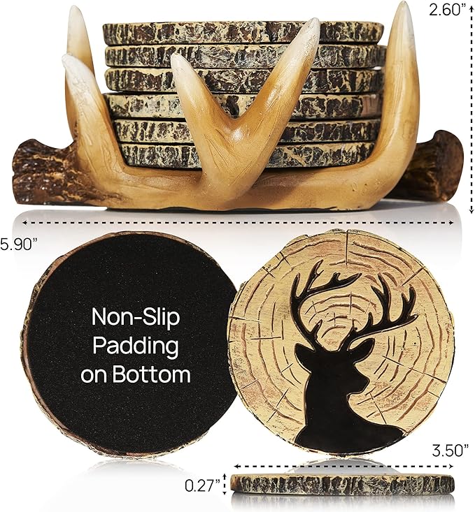 Deer Antlers Coaster Set of 6 – Handcrafted Deer Antler Decor and Man Cave Gifts for Men - 6 Full Size Deer Antlers Coasters for Man Cave Décor-NeatNest