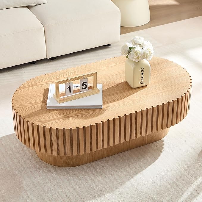 kevinplus 43.7'' Wood Coffee Table Modern Coffee Table for Living Room, Contemporary Circle Fluted Drum Pedestal Style, Easy Assembly, Oak