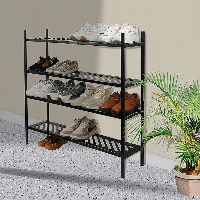 Shoe Rack, 4-Tier FreeStanding Shoe Shelf Stand, Stackable Shoe Storage Organizer for Closet, Holds up to 20-24 Pairs of Shoes for Entryway, Garage, Front Door Entrance, Metal, Black-NeatNest