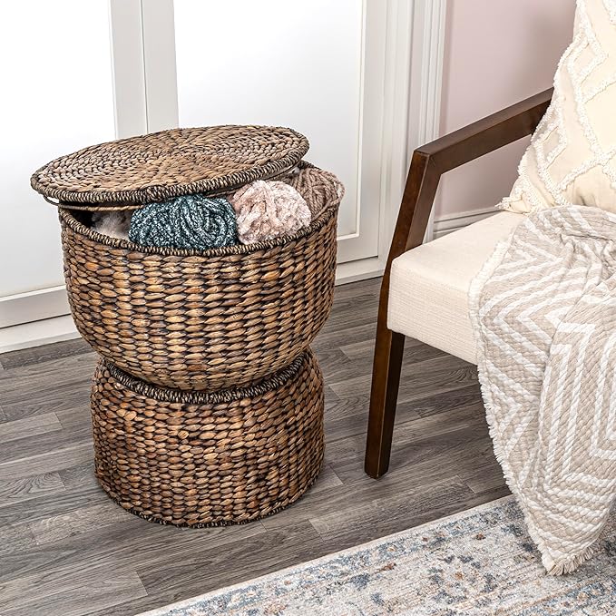 happimess SAT1000B Bhola 18" Hourglass Handwoven Hyacinth Storage Accent Table with Lid for Storage and Decoration in Bedroom, Living Room, Kitchen, Dining Room, Entryway, Guestroom, Brown Wash