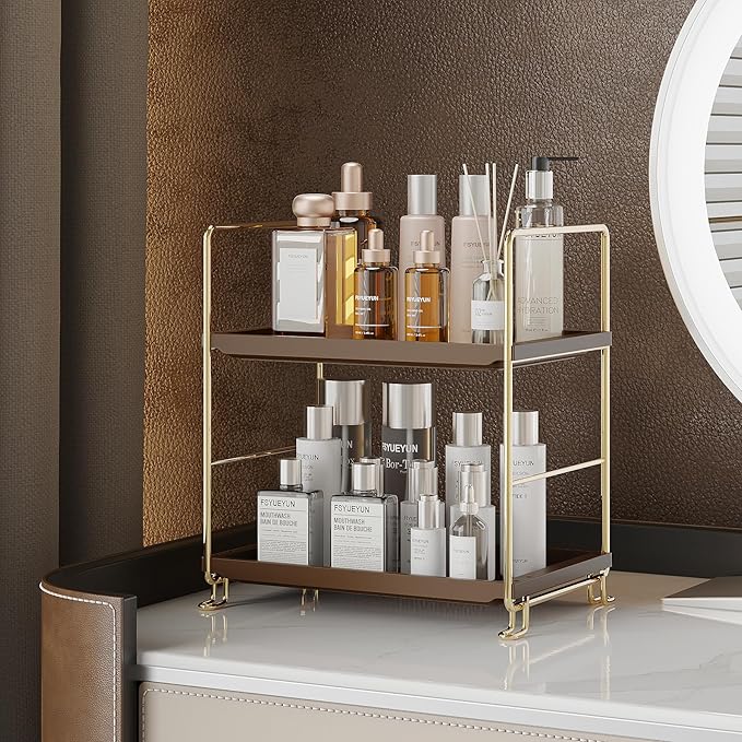 FSyueyun 2-Tier Bathroom Countertop Organizer,Bathroom Organizers and Storage with Tool-Less Installation, Premium Plastics for Makeup, Perfume, Skincare on Dresser Vanity Tray (Gold & Brown)-NeatNest