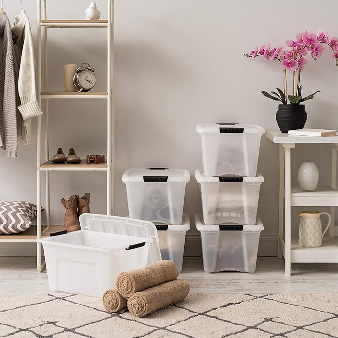 IRIS 588248 32 Quart Clear Stack and Pull Storage Container Box Bin System with Secure Latching Lids for Home, Closet, or Office (6 Count)