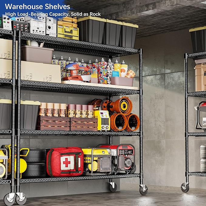 GIOTORENT 4-Tier Heavy Duty Storage Shelves with Wheels, 59.6" W x 24" D x 76.2" H, 2000LB Capacity Mobile Metal Shelving Unit, 1IN Adjustable Height for Garage & Warehouse, Black