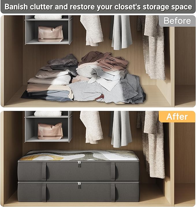 2-Pack Under Bed Storage, 6 Inches Tall Closet Organizers and Storage Bins with Sturdy Sidewalls/Bottom/4 Handles, Black-NeatNest