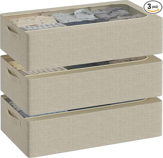 3PCS Under Bed Storage Bins with Metal Frame, Linen Fabric Frame Storage Box Clothes Organizer Bins, Underbed Container with Clear Window (Beige, 15.7 x 13 x 6IN)-NeatNest