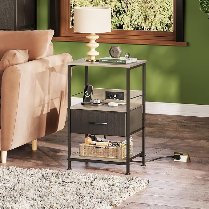 WLIVE LED Nightstand, Night Stand with Charger Station, Bedside Table with Fabric Drawer and Adjustable Open Shelves, Small End Side Tables for Bedroom, Grey