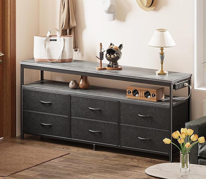Huuger LED TV Stand for Bedroom, 55 Inch Fabric Dresser with Power Outlets, Entertainment Center for 60, 55, 50 Inch TV, 6 Drawer Dresser for Bedroom, Chest of Drawers with Shlef, PU Leather, Grey-NeatNest