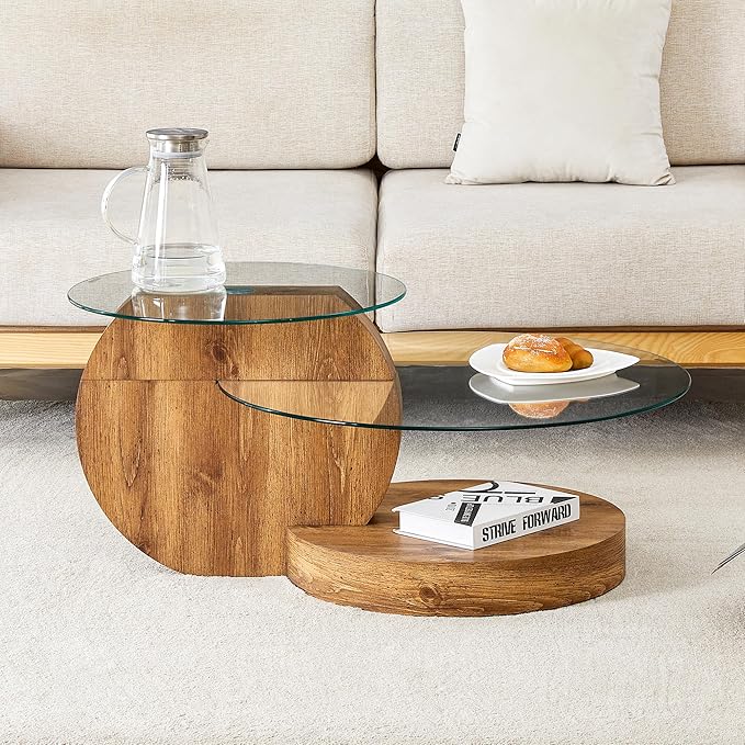 Glass Coffee Tables for Living Room Round Coffee Tables Modern Double Layer Round Table Circle Coffee Table for Small Space Home Office (35.4 Inch Dark Wood)