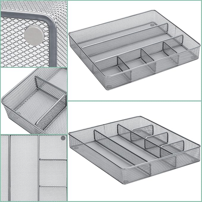 Annova Desk Top Organizer Tray for Office Organization - Metal Mesh - Storage Tray with Dividers for Pens, Desktop Accessories, Bathroom, Kitchen, Makeup and Office Supplies (Large, Silver)-NeatNest