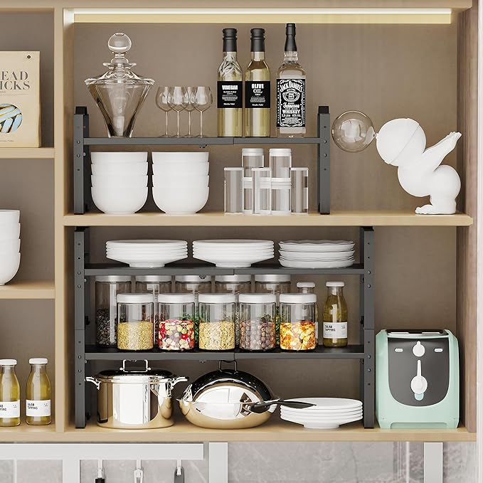 Expandable Shelf for Cabinet Organizer Adjustable Stackable Spice Rack at Kitchen and Bathroom More, Counter Countertop Cupboard Organization Pantry Storage(3 Packs/Black, Medium)-NeatNest