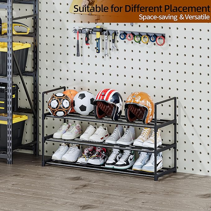 Metal Shoe Rack, 3-Tier Shoe Organizer with Adjustable Shelf Height, Sturdy Shoe Storage Shelf, Perfect for Front Door Entrance, Closet & Entryway, Easy to Assemble, DIY Layering Options (S - 3 Tier)-NeatNest