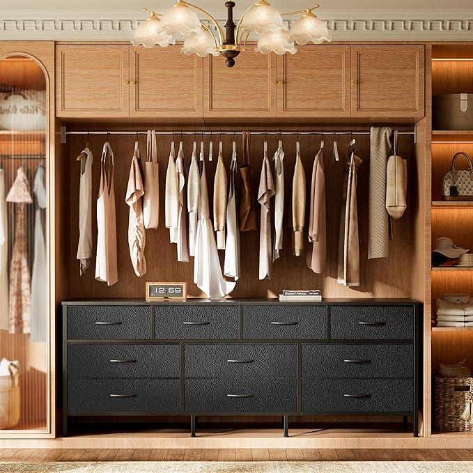 Huuger 63 Inch Dresser for Bedroom, Long Dresser with 10 Fabric Drawers, TV Stand for 55, 65, 70 Inch TV, Toy Storage Organizer for Closet, Black-NeatNest