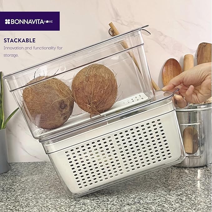Clear Stackable Storage Containers with Lids BPA-Free Organizer Bins for Refrigerator Pantry Fridge Drawer with Colander and Dividers for Kitchen Food Preservation and Home Organization BPA Free-NeatNest