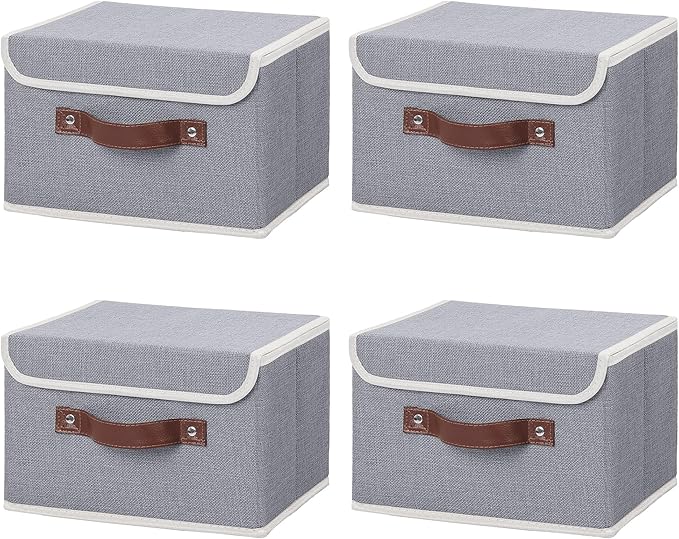 ANMINY 4PCS Storage Bins with Lid PU Leather Handles Storage Boxes PP Plastic Board Decorative Foldable Lidded Cotton Linen Fabric Home Cubes Baskets Closet Organizer Containers - Gray, Small Size-NeatNest