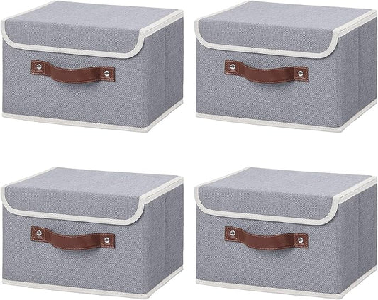 ANMINY 4PCS Storage Bins with Lid PU Leather Handles Storage Boxes PP Plastic Board Decorative Foldable Lidded Cotton Linen Fabric Home Cubes Baskets Closet Organizer Containers - Gray, Small Size-NeatNest