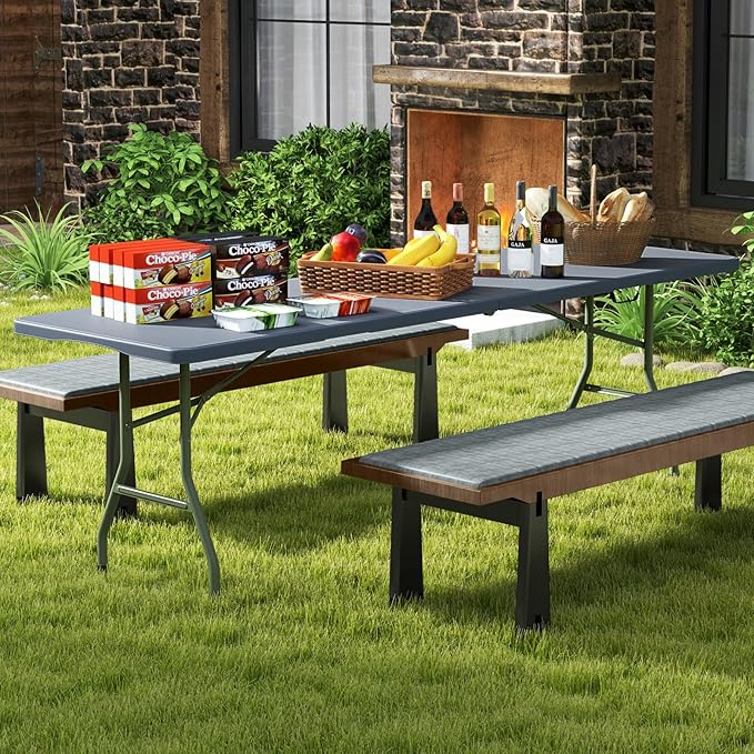 Goplus 8ft Plastic Folding Table, 350 LBS Outdoor Heavy Duty Folding Tables with HDPE Tabletop, Handle, Lock, Foldable Rectangle Portable Utility Card Table for Picnic, Party, Camping, Dining-NeatNest