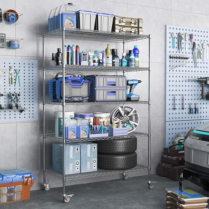 5 Tier Metal Shelving Unit with Wheels, 72" H x 48”W x 24”D Industrial Storage Shelves 1500 LBS Load Capacity, Steel Wire Storage Shelving for Garage, Kitchen, Pantry, Living Room-NeatNest