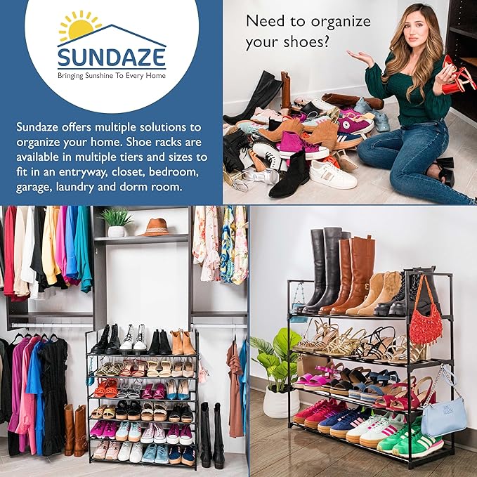 Sundaze Shoe Rack - 4 Tier Metal Shoe Rack for Front Door Entrance, Sturdy Long Shoe Organizer for Closet, Bedroom, Entryway, Garage, Black Metal Shoe Shelf, Holds Up to 20 Pairs-NeatNest