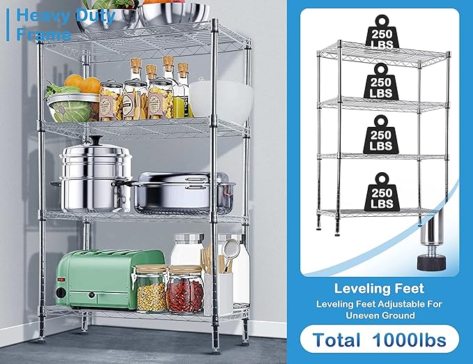 4-Tier Metal Wire Shelving Unit Kitchen Shelf Organizer Storage Rack Utility Snack Shelf, NSF Certified Shelves for shelves Pantry