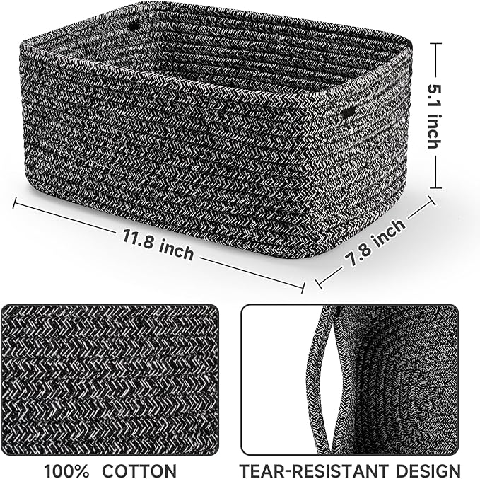 3-Pack Shelf Baskets for Organizing, Closet Organizer Bins, Small Woven Baskets, Rope Toy Basket, Storage Basket for Shelves, Cube Decorative Box, 11.5×7.5×4.7”, Mixed Black-NeatNest
