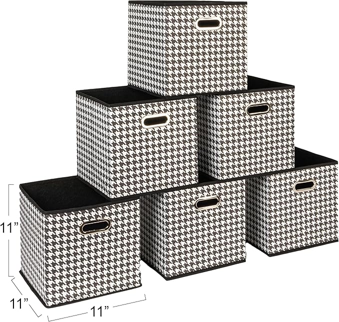 Household Essentials Fabric Storage Cube Bins, 6 Piece Set, Strong Poly-Woven Fabric, Chipboard Sides, Grommet Front Handle, Stackable and Foldable, Classic Design, Black and White Houndstooth