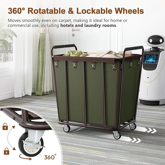 Hoctieon Large Laundry Cart with Wheels, 400L Heavy Duty Laundry Basket Organizer, Rolling Hamper Sorter for Clothes Storage, Industrial Dirty Clothes Hamper for Home & Hotel, Green+Brown-NeatNest