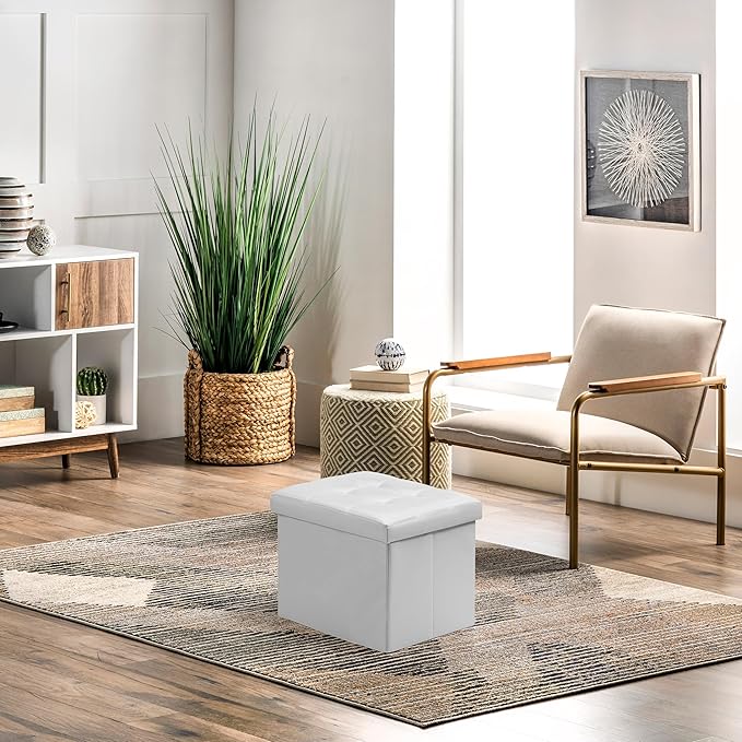 AmasSmile Storage Ottoman Folding Foot Rest Stool, Leather Footstool Bench, Short Ottoman Stool, Storage Foot Rest Store, Books (White, 17" D x 13" W x 13" H)-NeatNest