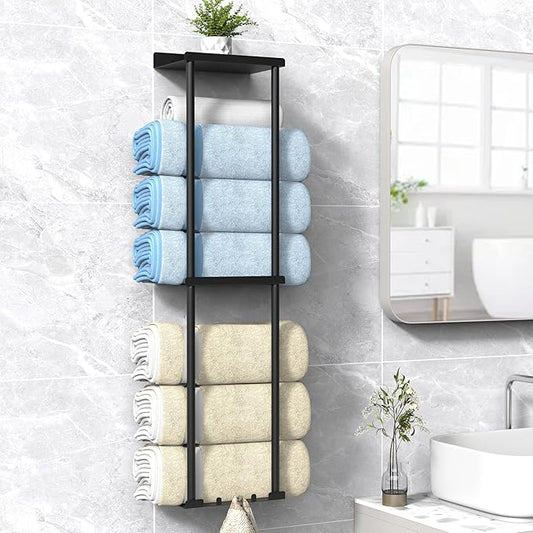 Towel Rack for Bathroom, Wall Mounted Vertical Rolled Towel Storage Organizer Holder with Shelf, Holds Up 6 Large Bath Sheets, Black