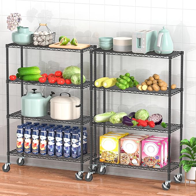 4-Tier Storage Shelving Unit with Wheels, Metal Rolling Storage Shelves Adjustable Layer Steel Rack Shelf, Wire Shelving Storage for Kitchen Garage Pantry Office, Black (14D x 36W x 57H)