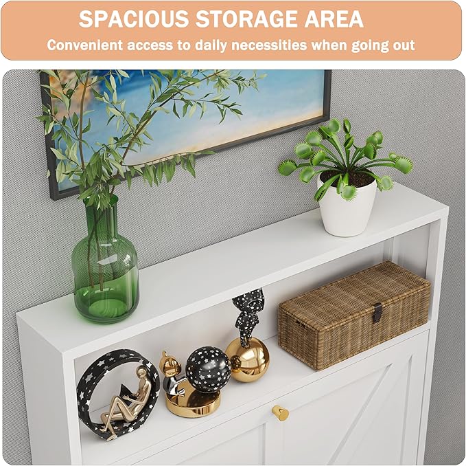 Shoe Cabinet with 2 Flip Drawers, Farmhouse Shoe Organizer, Narrow Shoe Rack Cabinet, Freestanding Shoe Storage Cabinet with Open Storage for Entryway, Foyer, Hallway, White
