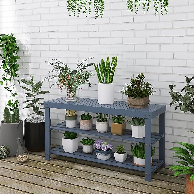 SMIBUY Bamboo Shoe Rack Bench, 3-Tier Shoe Organizer Storage Shelf for Entryway Hallway Bathroom Living Room (Grey)-NeatNest