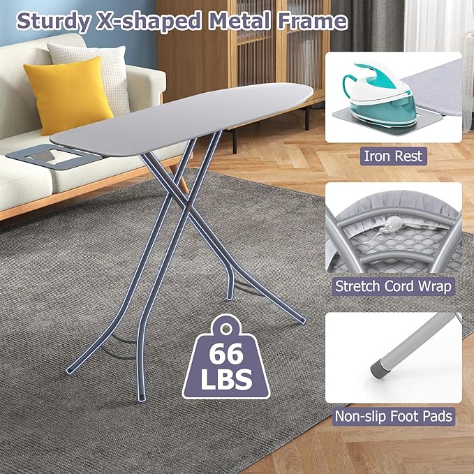 GOFLAME Folding Ironing Board, Height Adjustable Ironing Board w/Iron Rest, Removable Cover, Sturdy Metal Frame, 48.5" x 15.5" Compact & Portable Ironing Board for Household (Grey)