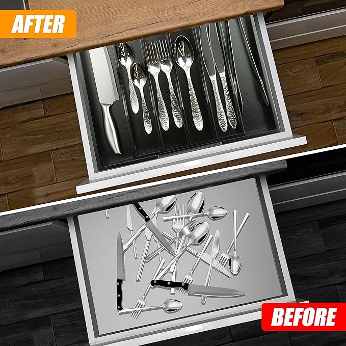 Bellsal Black Silverware Organizer Kitchen Drawer Organizer Expandable Bamboo Utensil Holder Cutlery Tray for Kitchen Utensil and Flatware Bedroom Office-NeatNest