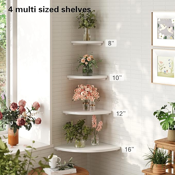 Floating Corner Shelves White 10", Solid Oak Wall Mounted Wooden Display Storage Rack with Wire Hole for Plants, Photos, Speakers, Bedroom, Kitchen, Living Room Décor - 2-Pack-NeatNest