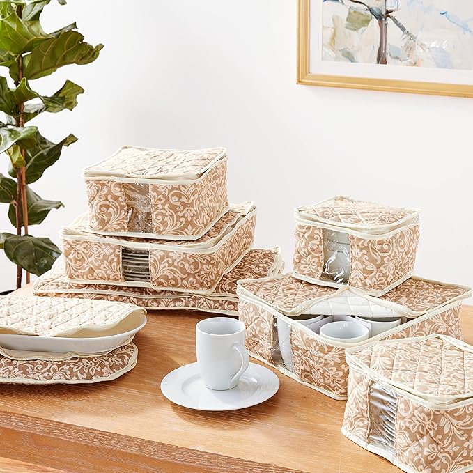 8-Piece Storage Containers Set – China, Beige, Quilted, Stackable Dish & Plate Protectors – Glass & Dinnerware Organizer Lids – Kitchen Storage for Meal, Tupperware, Glass Containers & Food Storage-NeatNest