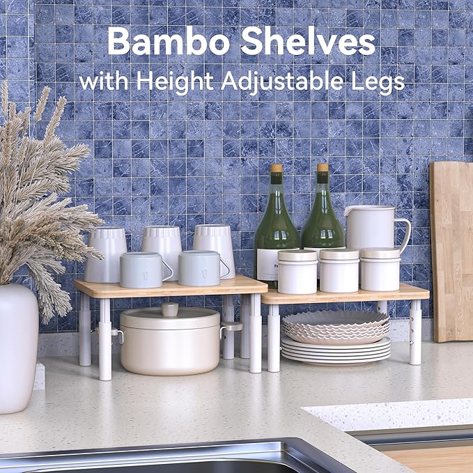 Cabinet Organizer Shelf, Spice Rack Set of 2 Kitchen Pantry Cupboard Shelves, Stackable, Height Adjustable, Natural Bamboo (11.7" Wx77.Dx6.57 H per Pack)-NeatNest