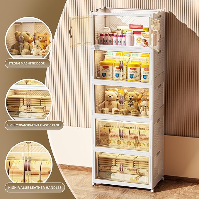 520 QT / 130 Gal Stackable Collapsible Storage Bins with Magnetic Doors & Wheels - Space-Saving Plastic Organizer Cabinet for Closet, Office, Home (White)-NeatNest