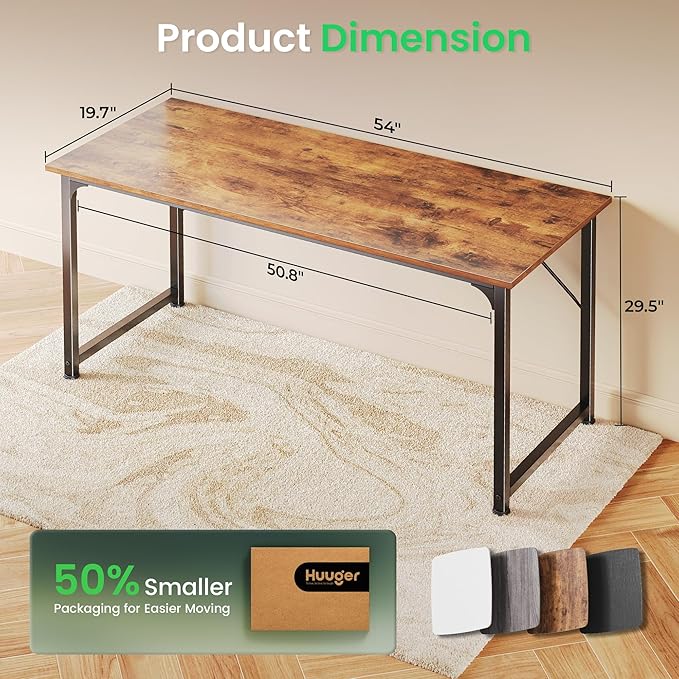 Huuger Computer Desk, 55 Inch Home Office Desk, Gaming Writing Work from Home Study Desk, Large Legroom, Sturdy Metal Frame, Modern Simple, Rustic Brown-NeatNest