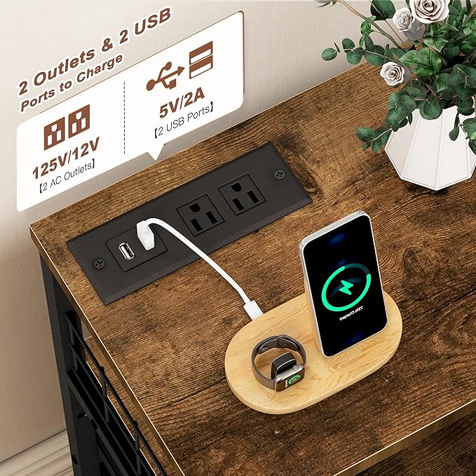 EnHomee Nightstand with Charging Station & LED Lights, 21.8" W Bedside Table with 4 Fabric Drawers, Night Stand with Outlets and 2 Ports for Bedroom, Table with Wood Shelf, Rustic Brown