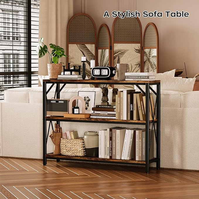 Homeiju Entry Table 40" Width, 3-Tier Entryway Table with Storage, Industrial Sofa Table with Open Shelves, Foyer Tables for Entryway, Hallway, Kitchen, Living Room and Bedroom, Rustic Brown-NeatNest