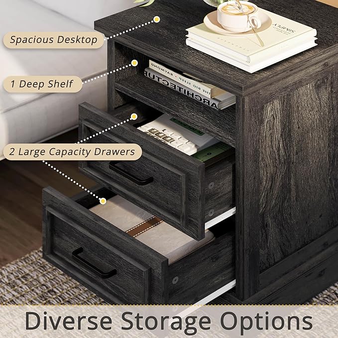 LIKIMIO Farmhouse Nightstand with Storage Drawers and Open Shelf, Small End Tables Living Room, Rustic Wood Side Tables for Bedroom, Roman Column Design, Charcoal Grey