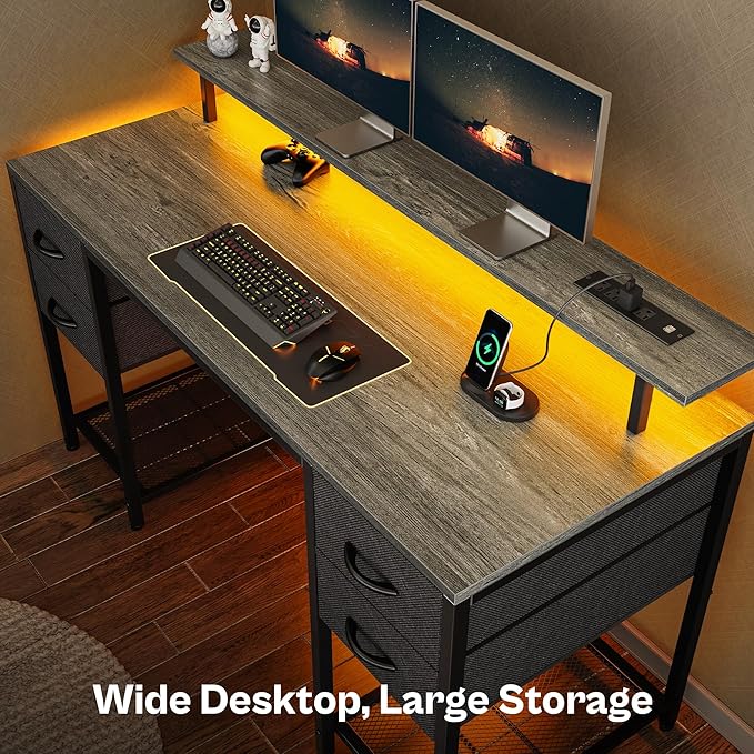 Huuger 55 inch Computer Desk with 4 Drawers, Gaming Desk with LED Lights & Power Outlets, Home Office Desk with Large Storage Space for Bedroom, Work from Home, Gray-NeatNest