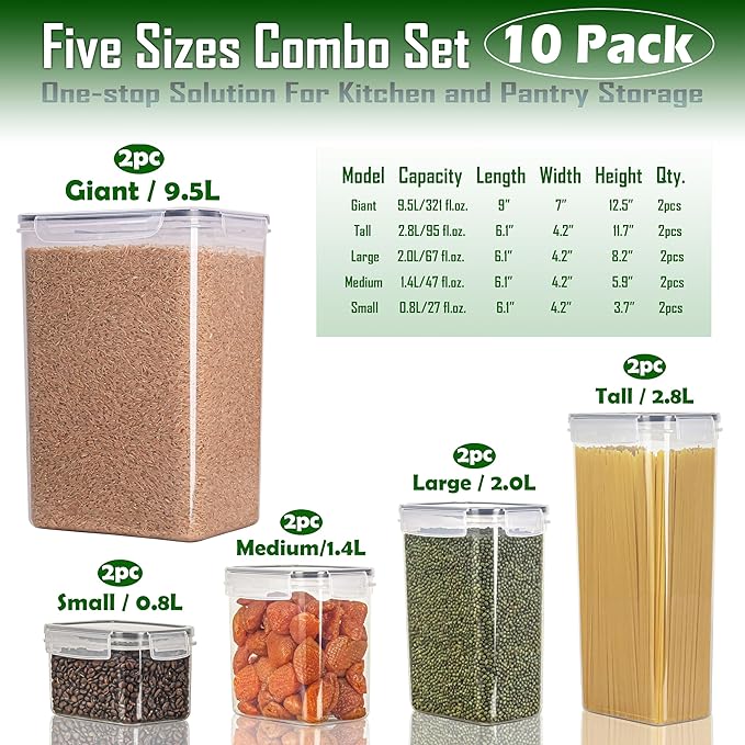 [10PC] (9.5L+2.8L+2.0L+1.4L+0.8L)*2 Airtight Food Storage Containers with Lids, Kitchen Pantry Organizers and Storage for Flour Sugar Spaghetti Cereal & Baking Supplies, Clear BPA Free Food Canisters