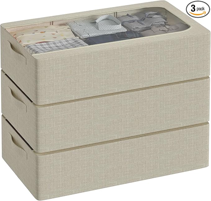 3PCS Under Bed Storage Bins with Metal Frame, Linen Fabric Frame Storage Box Clothes Organizer Bins, Underbed Container with Clear Window (Beige, 23.6 x 13 x 6IN)-NeatNest