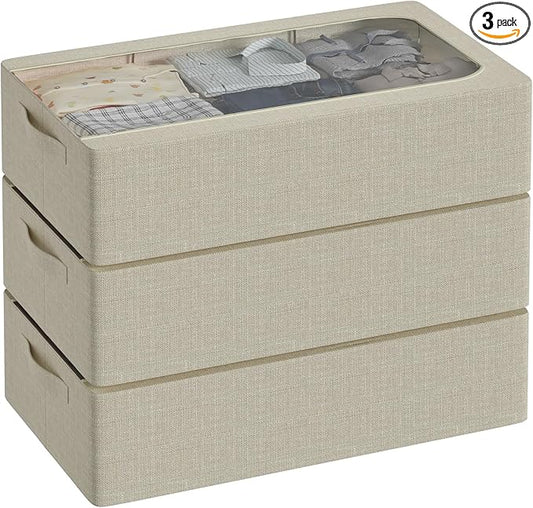 3PCS Under Bed Storage Bins with Metal Frame, Linen Fabric Frame Storage Box Clothes Organizer Bins, Underbed Container with Clear Window (Beige, 23.6 x 13 x 6IN)-NeatNest